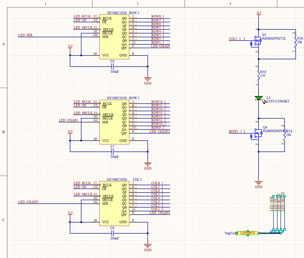 KiCad/Altium schematic of SN74HC595D shift-register chains driving a single LED pixel through P-channel and N-channel MOSFETs