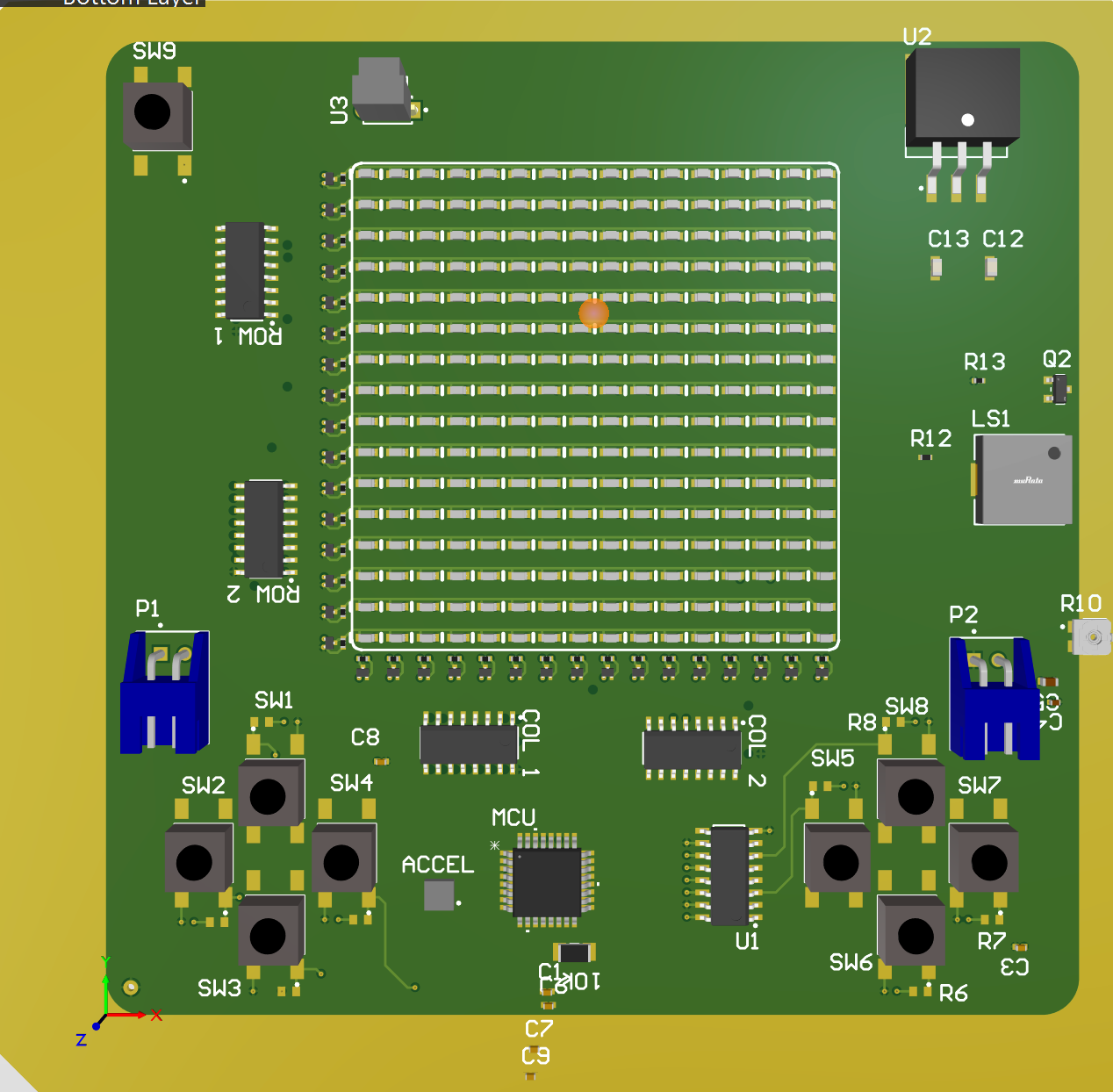 3D render of the PSPocket PCB bottom layer showing the LED matrix, MCU, shift registers, accelerometer, buzzer, and button array