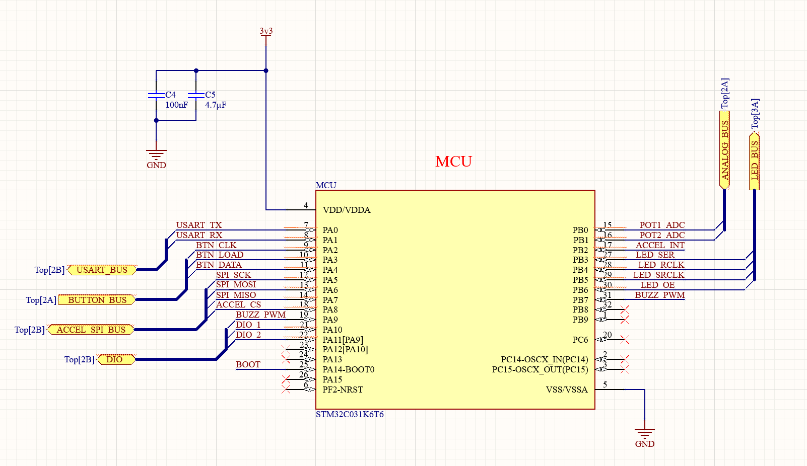 Schematic sheet of the STM32C031K6T6 MCU showing pinouts for LED, button, accelerometer SPI, potentiometer ADC, and buzzer buses