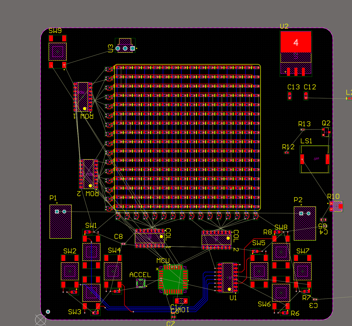 2D PCB layout of PSPocket showing LED matrix footprints, MCU, shift registers, buttons, accelerometer, and buzzer on a black CAD canvas